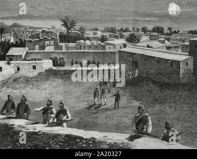 Insurrección del Ejército de Liberación del Pueblo Sudán (bajo dominio de Egipto) por el líder religioso sudanés llamado Mahdi 'GUIDE' Muhammad Ahmad bin Abd Allah, contra las fuerzas del Jedivato de Egipto, y más tarde las fuerzas británicas. Kassala. Alarma nocturna y preparativos de defensa ante la aproximación de las tribus del 'Mahdi". Gravure por Bernardo Rico (1825-1894). La Ilustración Española y Americana, 8 de marzo de 1884. Banque D'Images