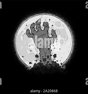 La main libre de Cartoon Halloween Zombie illustration de freinage à main hors de la terre contre la pleine lune. Vectorisation avec Lineart, ombrage, la couleur n Backg