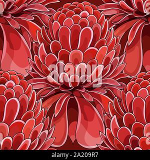 Modèle sans couture avec flamme rouge ginger Etlingera elatior flowers background Illustration de Vecteur