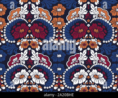 Vintage transparent avec motif floral de feuilles sur fond bleu foncé. Blanc, fleurs rouge foncé avec blue leaves. Banque D'Images