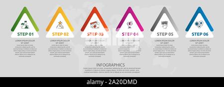 Vector infographic template avec triangles et 6 flèches. Concept géométrique d'affaires avec 6 options, pièces, comme suit. Utilisé comme calendrier, workflow Illustration de Vecteur