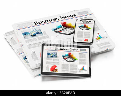 Journal d'entreprise, smartphone et tablette PC isolé sur fond blanc. 3D illustration. Banque D'Images