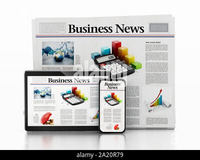 Journal d'entreprise, smartphone et tablette PC isolé sur fond blanc. 3D illustration. Banque D'Images