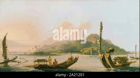 L'île de Otaheite [Tahiti] S. E. Un roulement lointain de la Ligue par William Hodges (1744-1797) qui a accompagné le capitaine James Cook sur son deuxième voyage (1772-1775) à l'océan Pacifique, faire des croquis et peintures sur l'emplacement. Cette huile peinture représente les bateaux traditionnels et de l'île de Tahiti peu après l'arrivée de Cook. Banque D'Images