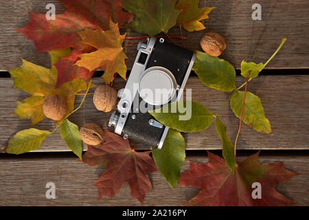 La vie encore l'humeur d'automne photo avec télémètre vintage camera, les feuilles et les noix sur fond de bois Banque D'Images