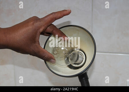 Close-up de part de changer une ampoule dans une lampe de bureau, Afrique du Sud. Banque D'Images