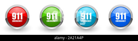 Urgence numéro 911 brillant argent métallique icônes, ensemble de boutons pour le web design moderne, Internet et applications mobiles en quatre couleurs options isola Banque D'Images