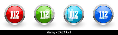 Urgence numéro 112 brillant argent métallique icônes, ensemble de boutons pour le web design moderne, Internet et applications mobiles en quatre couleurs options isola Banque D'Images