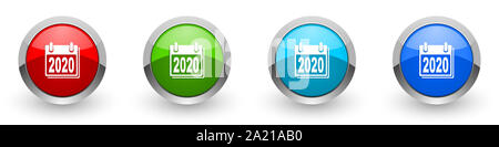 Nouvelle année 2020 brillant argent métallique icônes, ensemble de boutons pour le web design moderne, Internet et applications mobiles en quatre couleurs isolé sur options Banque D'Images