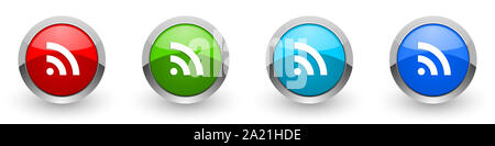 Argent brillant métallisé RSS icônes, ensemble de boutons pour le web design moderne, Internet et applications mobiles en quatre couleurs options isolé sur blanc retour Banque D'Images