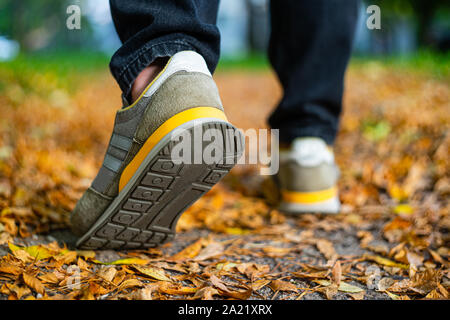 Marcher sur la chaussée en automne. Vue arrière sur les pieds d'un homme marchant le long du trottoir avec tombé foilage. Temps d'automne vide vide Abstract background Banque D'Images