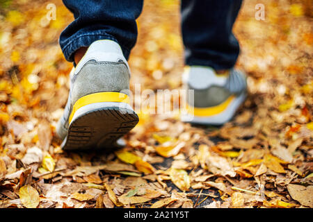 Marcher sur la chaussée en automne. Vue arrière sur les pieds d'un homme marchant le long du trottoir avec tombé foilage. Temps d'automne vide vide Abstract background Banque D'Images