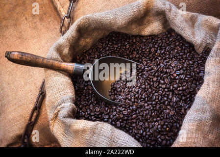 Les grains de café fraîchement torréfié avec une pelle métallique, en sacs de jute. Close-up avec un sac de café. Café contexte. Les grains de café arabe dans le sac. Banque D'Images