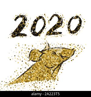 Joyeux Nouvel An chinois 2020 Signe du Zodiaque Rat avec d'or sur fond de confettis. Le signe de zodiaque pour carte de voeux, invitation, flyers, affiches, broc Illustration de Vecteur