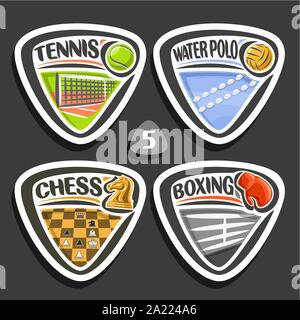 Vector set of sport logos, 4 badges simple triangle avec des balles, des signes de sport minimaliste avec l'équipement de jeu pour le Sporting club ou l'école, de l'origine Illustration de Vecteur