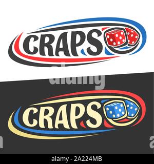 Logo Vector pour jouer au craps, jouer sur trajectoire de vol dés rouges cubes et mot en manuscrit - craps sur noir, des lignes courbes autour de police d'origine pour Illustration de Vecteur
