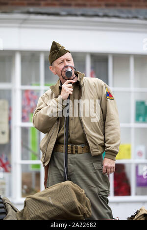 Pays de Galles, Welshpool 1940 week-end de Septembre, 2019. Johnson Jeep 1940 chanter des chansons de sa jeep. Banque D'Images