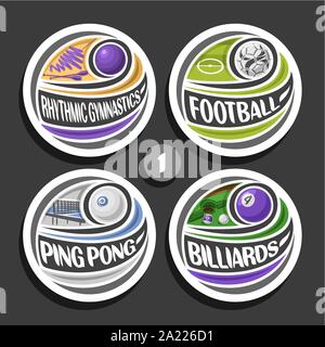 Vector set of sport logos, 4 badges simple ronde avec flying ball sur trajectoire courbe, cercle des signes de sport minimaliste avec des équipements de jeux, ou Illustration de Vecteur