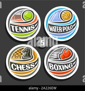 Vector set of sport logos, 4 badges simple ronde avec flying ball sur trajectoire courbe, cercle des signes de sport minimaliste avec des équipements de jeux, ou Illustration de Vecteur