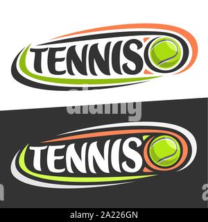 Logos vectoriels pour tennis sport, battant sur trajectoire boule verte et mot en manuscrit - tennis sur fond noir, des lignes courbes autour de police d'origine fo Illustration de Vecteur