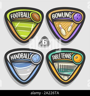 Vector set of sport logos, 4 badges simple triangle avec des balles, des signes de sport minimaliste avec l'équipement de jeu pour le Sporting club ou l'école, de l'origine Illustration de Vecteur