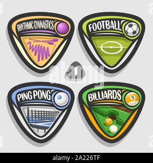 Vector set of sport logos, 4 badges simple triangle avec des balles, des signes de sport minimaliste avec l'équipement de jeu pour le Sporting club ou l'école, de l'origine Illustration de Vecteur