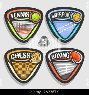 Vector set of sport logos, 4 badges simple triangle avec des balles, des signes de sport minimaliste avec l'équipement de jeu pour le Sporting club ou l'école, de l'origine Illustration de Vecteur