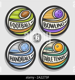 Vector set of sport logos, 4 badges simple ronde avec flying ball sur trajectoire courbe, cercle des signes de sport minimaliste avec des équipements de jeux, ou Illustration de Vecteur