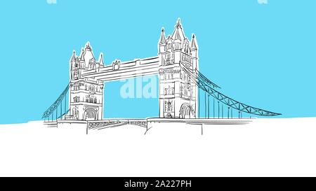 London Tower Bridge Vector Lineart croquis. et dessiné l'illustration sur fond bleu. Illustration de Vecteur