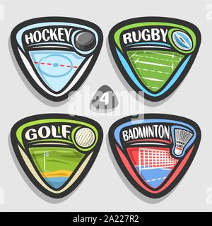 Vector set of sport logos, 4 badges simple triangle avec des balles, des signes de sport minimaliste avec l'équipement de jeu pour le Sporting club ou l'école, de l'origine Illustration de Vecteur