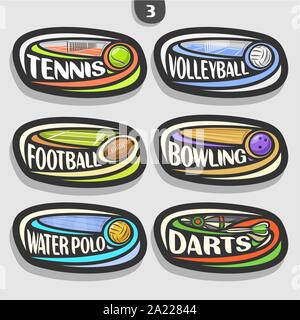 Vector set of sport logos, 6 badges simple ovale avec flying ball sur trajectoire courbe, signes de sport minimaliste avec du matériel original, jeux t Illustration de Vecteur