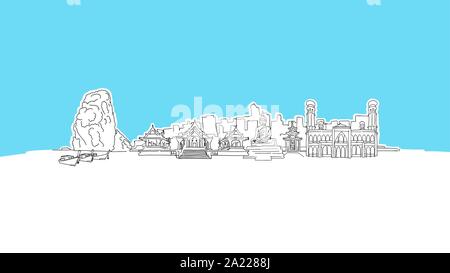 Panorama de la Thaïlande Vecteur Lineart croquis. et tiré l'illustration sur fond bleu. Illustration de Vecteur