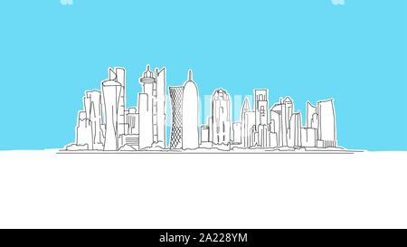 Doha Qatar Skyscraper Lineart Croquis Vecteur Illustration tirée. et sur fond bleu. Illustration de Vecteur