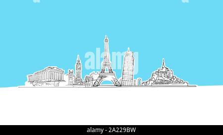 Des sites célèbres Lineart Croquis Vecteur Illustration tirée. et sur fond bleu. Illustration de Vecteur