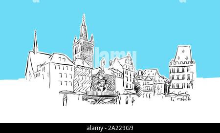 Place du marché de Trèves Vector Lineart croquis. et dessiné l'illustration sur fond bleu. Illustration de Vecteur