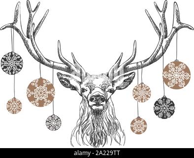 Cerfs dessiné à la main avec de grands bois décoré avec des ornements de Noël blanc et noir sur un fond doré - pour cartes horizontales ou des bannières Illustration de Vecteur