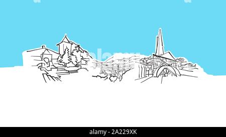 Andorre Vecteur Lineart croquis. et tiré Illustration sur fond bleu. Illustration de Vecteur