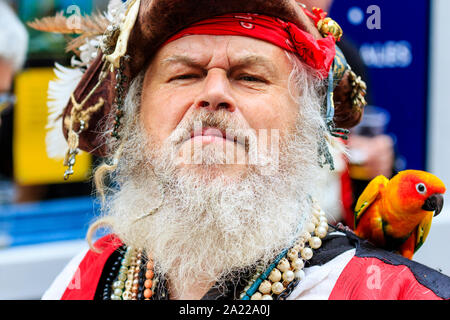 Jour pirate à Hastings. Close up head et de l'épaule de hauts homme habillé comme Long John Silver avec barbe grise broussailleux, perroquet sur l'épaule, le contact visuel. Banque D'Images