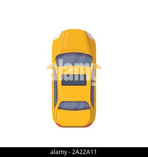 Vue de dessus de voiture moderne. Vector illustration style plat. Bannière véhicule moderne. Nouvelle voiture à moteur à partir de la vue ci-dessus. Auto berline avec toit ouvrant dans la couleur jaune. Illustration de Vecteur