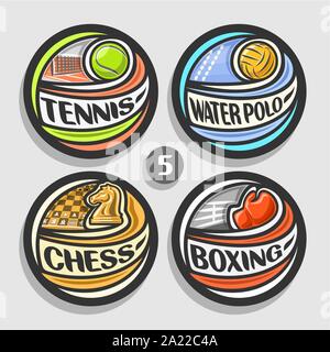 Vector set of sport logos, 4 badges simple ronde avec flying ball sur trajectoire courbe, cercle des signes de sport minimaliste avec des équipements de jeux, ou Illustration de Vecteur