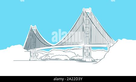 Golden Gate Bridge Vector Lineart croquis. et dessiné l'illustration sur fond bleu. Illustration de Vecteur