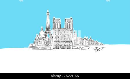 Paris, France Lineart Croquis Vecteur Illustration tirée. et sur fond bleu. Illustration de Vecteur