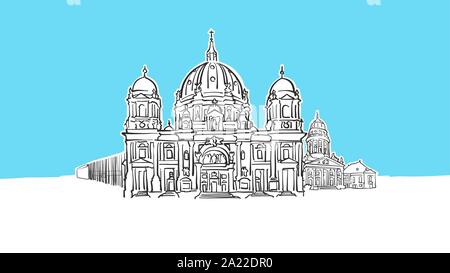 Berlin Allemagne Vector Lineart croquis. et tiré l'illustration sur fond bleu. Illustration de Vecteur