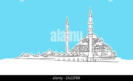 Yeni Cami, Istanbul Lineart Croquis Vecteur Illustration tirée. et sur fond bleu. Illustration de Vecteur