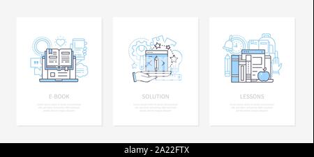 E-book, tutoriel en ligne pour e-learning concept icons set Illustration de Vecteur