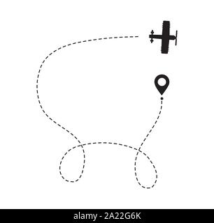 Ligne d'avion vecteur de chemin d'avion rétro air icônes pour la présentation d'itinéraire de vol avec point de départ. Illustration de Vecteur