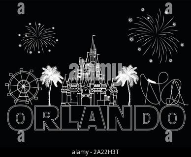 Orlando lettrage blanc sur fond noir . Scénario avec icônes de voyage et d'artifice. Carte postale de voyage. Illustration de Vecteur
