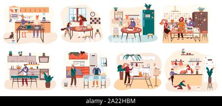 Télévision cartoon vector de personnes la cuisson dans la cuisine. Collection Illustration servant de table, salle de concert, de manger des aliments. Ensemble de smiling, hommes, femmes et enfants, la préparation des repas pour le dîner. Illustration de Vecteur
