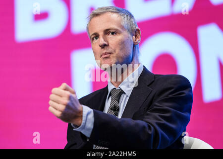 Centre de Manchester, Manchester, Royaume-Uni. Le 30 septembre 2019. Zac Goldsmith, Ministre d'État au Ministère de l'environnement, de l'Alimentation et des affaires rurales et du Ministère pour le développement international prend part à un groupe de discussion lors de la Conférence d'automne, le parti conservateur. . Photo par Julie Edwards./Alamy Live News Banque D'Images