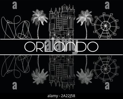 Orlando, Floride, le 03 août 2018. Icônes d'Attractions ligne blanche sur fond noir.. Illustration de Vecteur